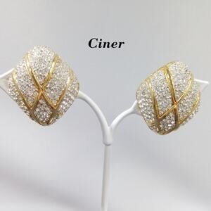 Ciner 1980s Gold Plated Pavé Rhinestone Clip-On Earrings